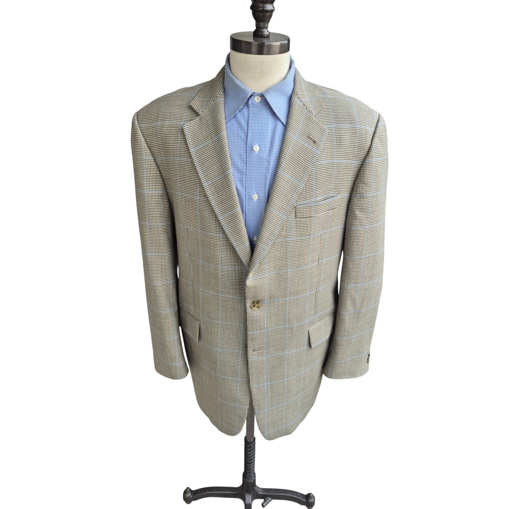 Burberry London Kensington Wool Blazer Tan Houndstooth Blue Windowpane Sz 44 R